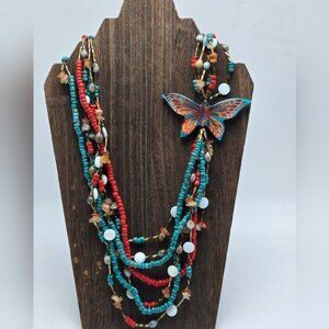 90's Butterfly Beaded Necklace Agate Wood Beads Gold Tone Costume Fashion VTG